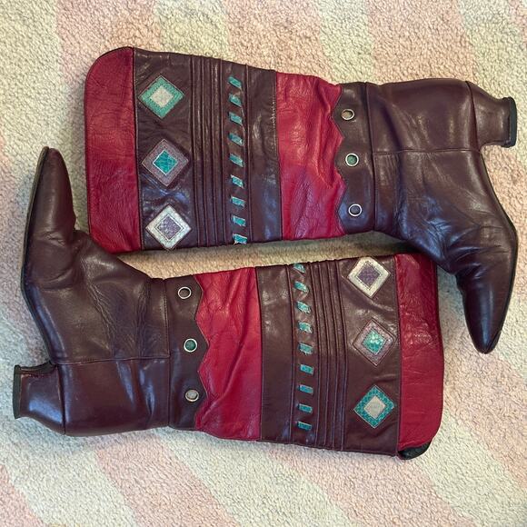 Vintage 80s Vita Mori Burgundy Geometric Western Revival Art Deco Leather Boots - Picture 9 of 12